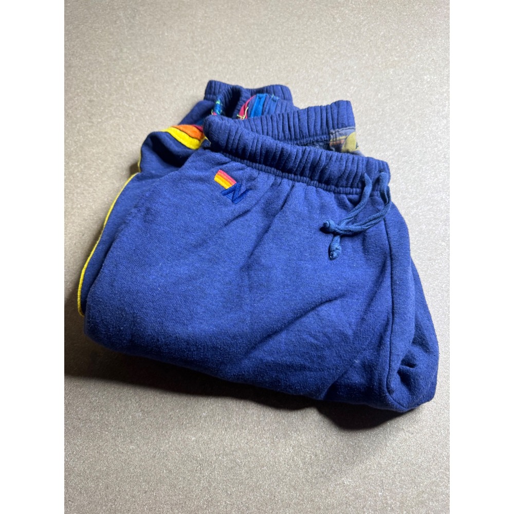 Aviator Nation Royal Blue Rainbow 5-Stripe Sweatpants Joggers Retro 70s Style